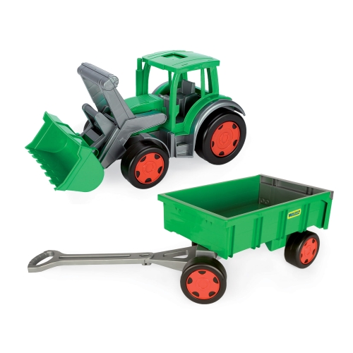 Gigant spychacz zielony z zieloną przyczepą zestaw