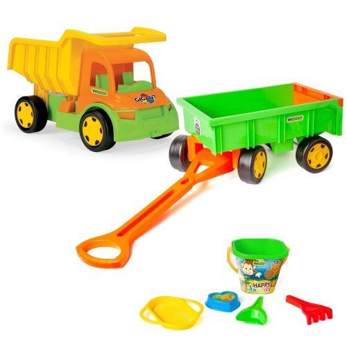 Gigant wywrotka pomarańczowa  z jasnozieloną przyczepą zestaw + komplet do piasku GRATIS