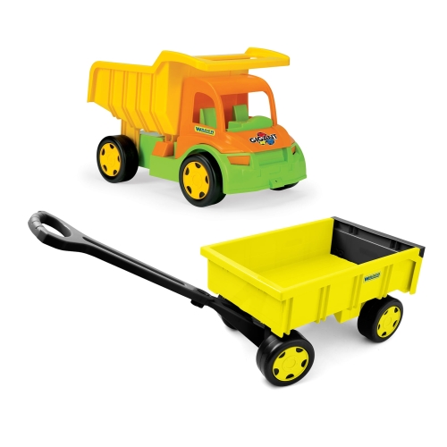 Gigant wywrotka pomarańczowa z żółtą przyczepą zestaw