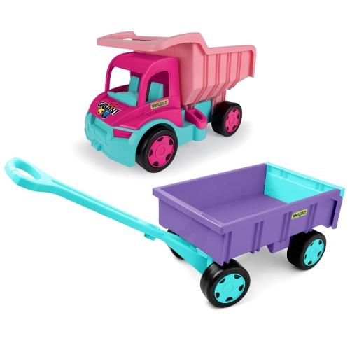 Gigant wywrotka różowa z fioletową przyczepą zestaw