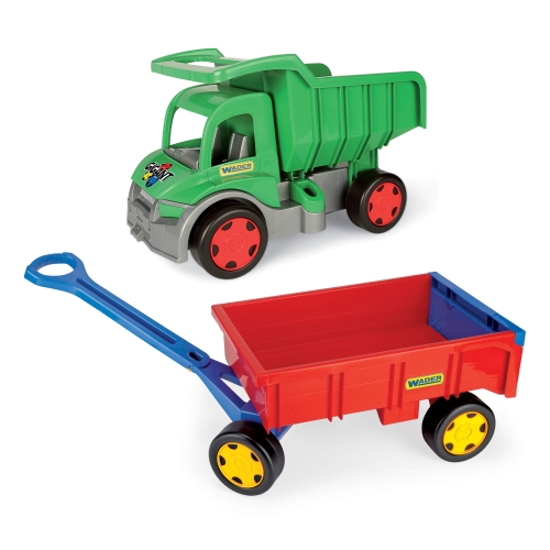 Gigant wywrotka zielona z czerwoną przyczepą zestaw