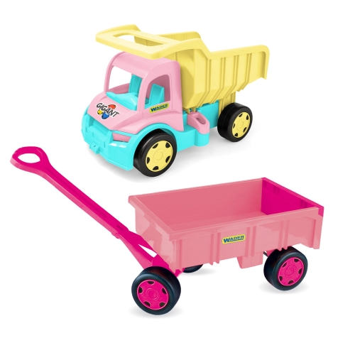 Gigant wywrotka różowo-kremowa z różową przyczepą zestaw