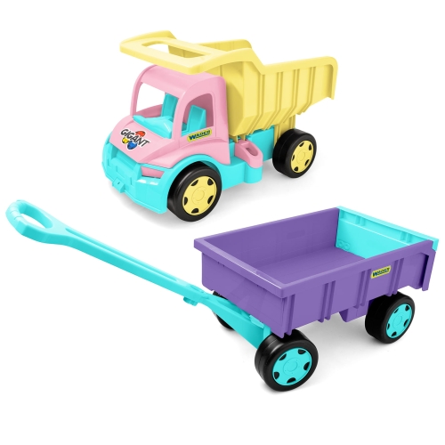 Gigant wywrotka różowo-kremowa z fioletową przyczepą zestaw