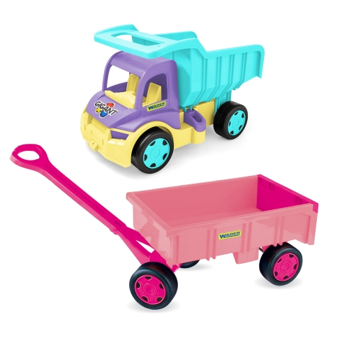 Gigant wywrotka fioletowo-turkusowa z różową przyczepą zestaw