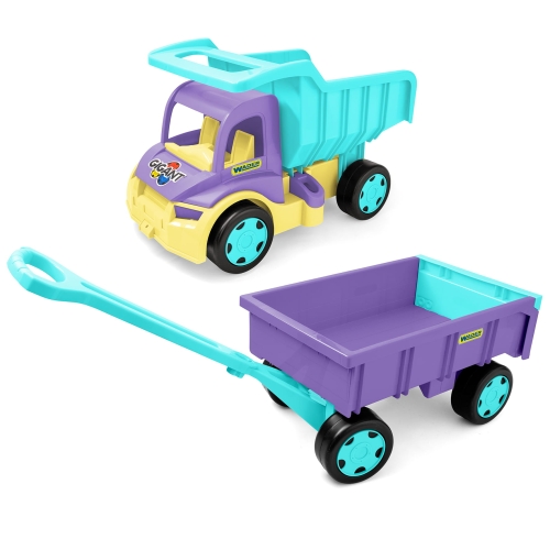 Gigant wywrotka fioletowo-turkusowa z fioletową przyczepą zestaw